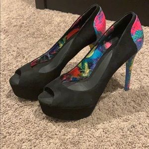 Brian Atwood Suede and Printed Snake Pumps